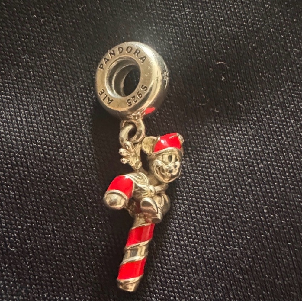 Pandora Silver Mickey Mouse Candy Cane Charm with Red Accents - Picture 2 of 2